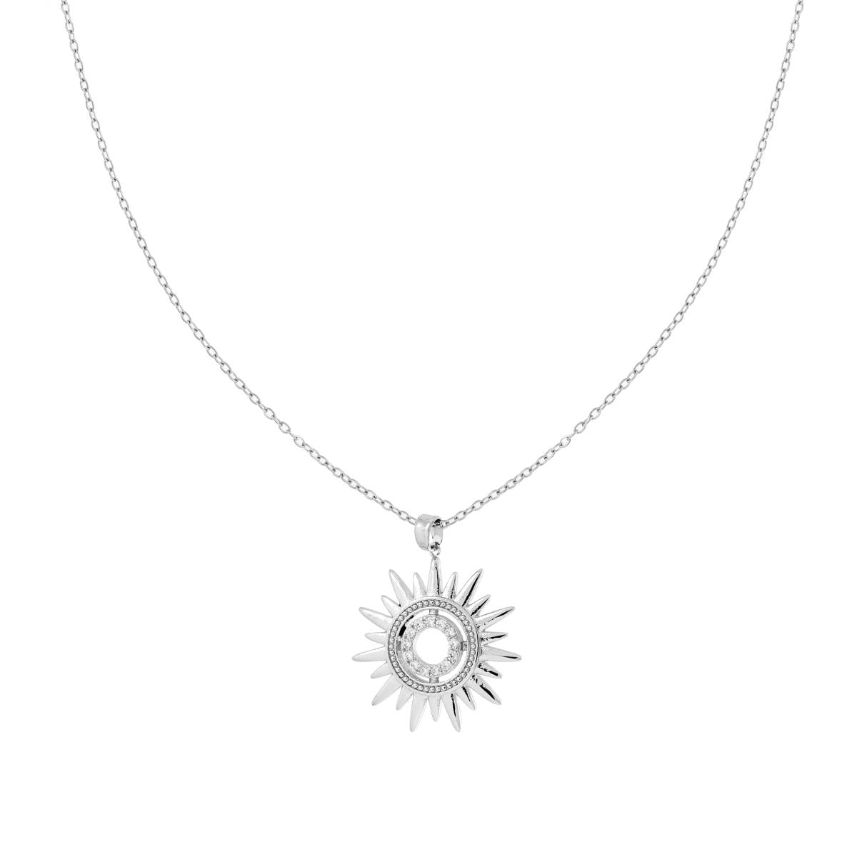 Collana Catena Forzatina Diamantata con Sole e Crystal Bianchi in ACCIAIO e OTTONE