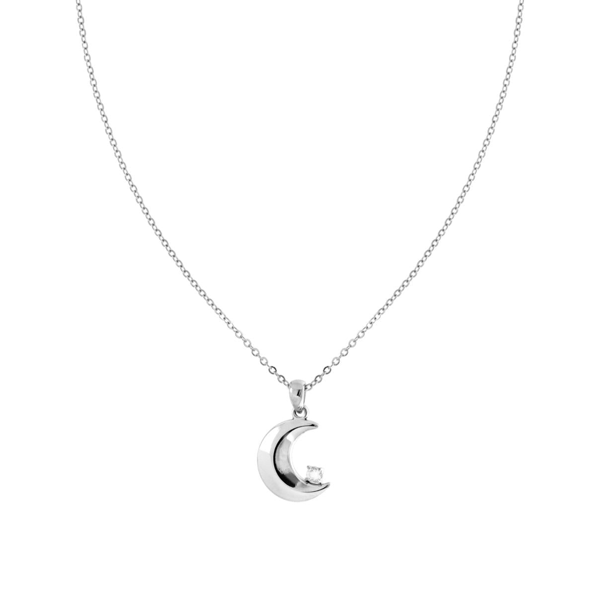 Collana Catena Forzatina con Luna e Punto Luce Crystal Biancho in ACCIAIO