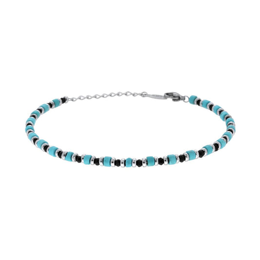 Bracciale Catena con Crystal Neri e Cilindretti Pietre colore Turchese in ACCIAIO