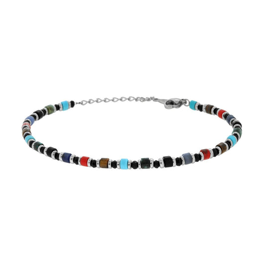 Bracciale Catena con Crystal Neri e Cilindretti Pietre Multicolor in ACCIAIO