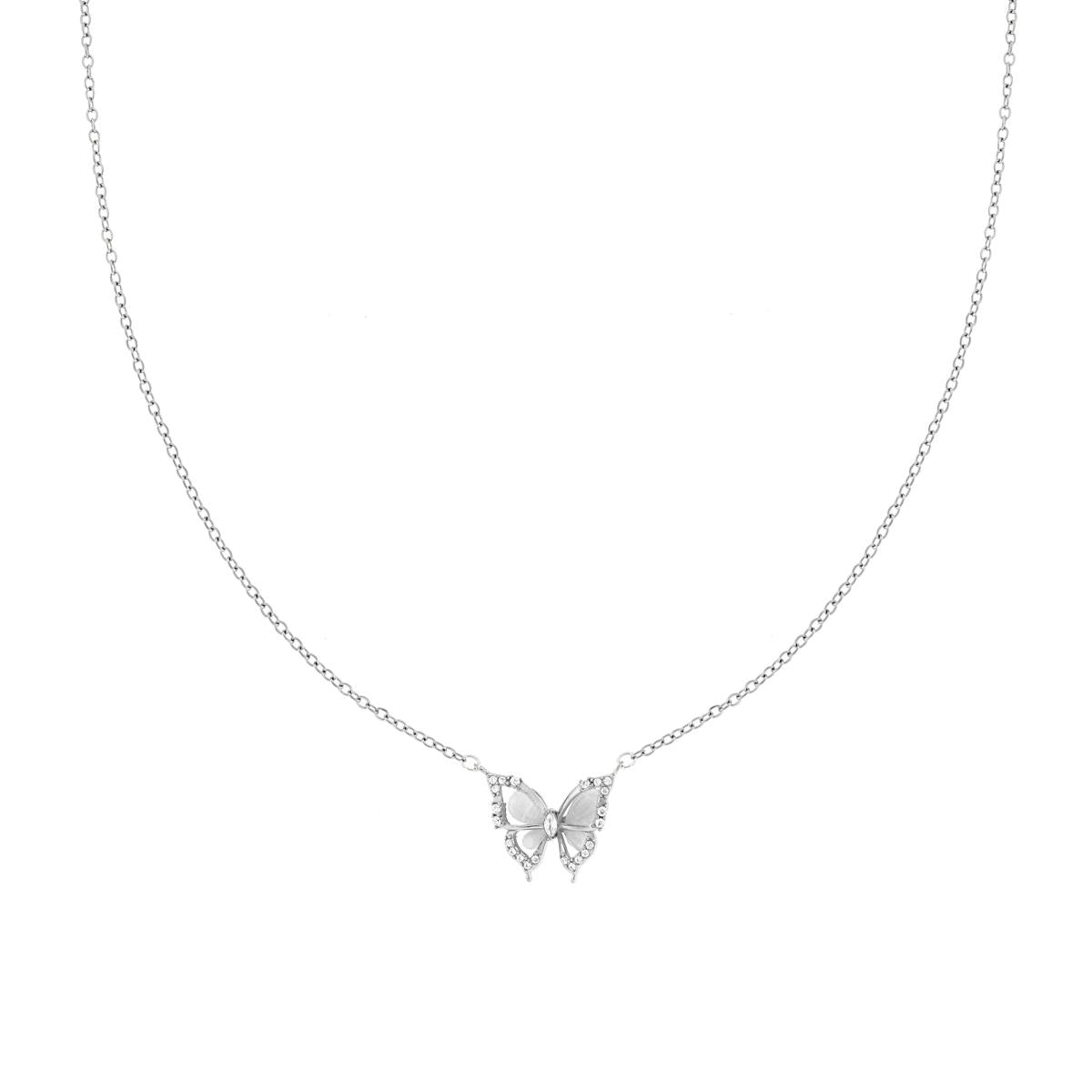 Collana Catena Forzatina con Farfalla in Madreperla e con Crystal Bianchi in ACCIAIO