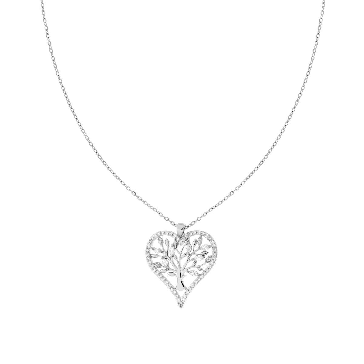 Collana Catena Forzatina con Cuore Albero della Vita e Crystal Bianchi in ACCIAIO