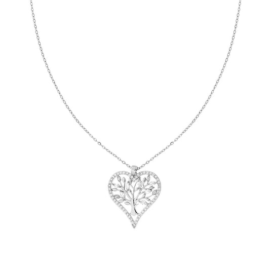 Collana Catena Forzatina con Cuore Albero della Vita e Crystal Bianchi in ACCIAIO
