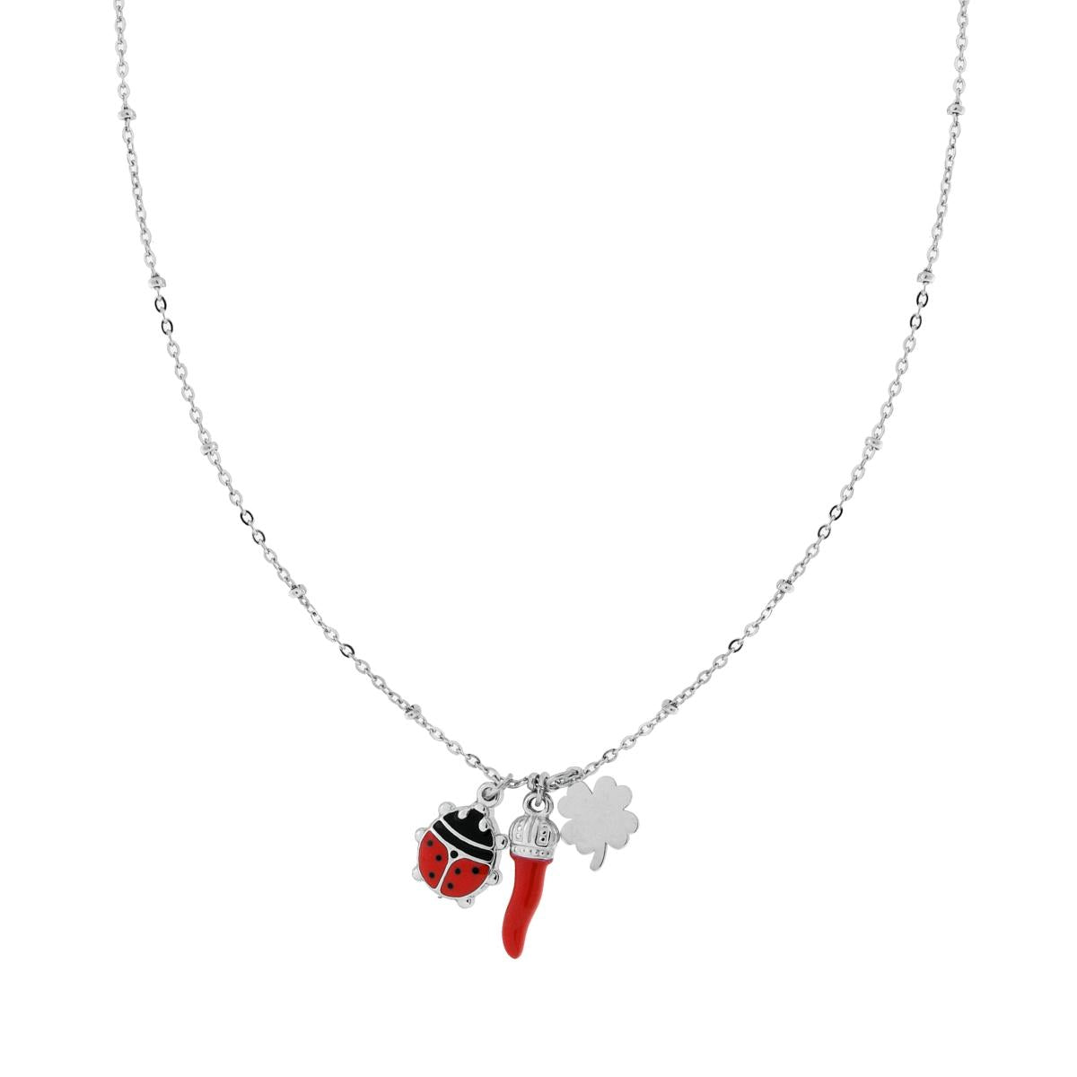 Collana Catena Forzatina Diamantata con Charms Portafortuna Corno Coccinella smalto Rosso e Quadrifoglio in ACCIAIO