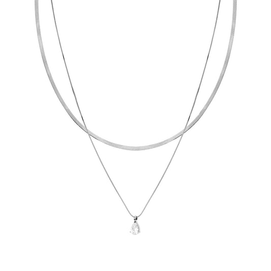 Collana due fili Catena Coda di Topo e Magik e punto Luce Goccia Crystal Bianco Pendente in ACCIAIO