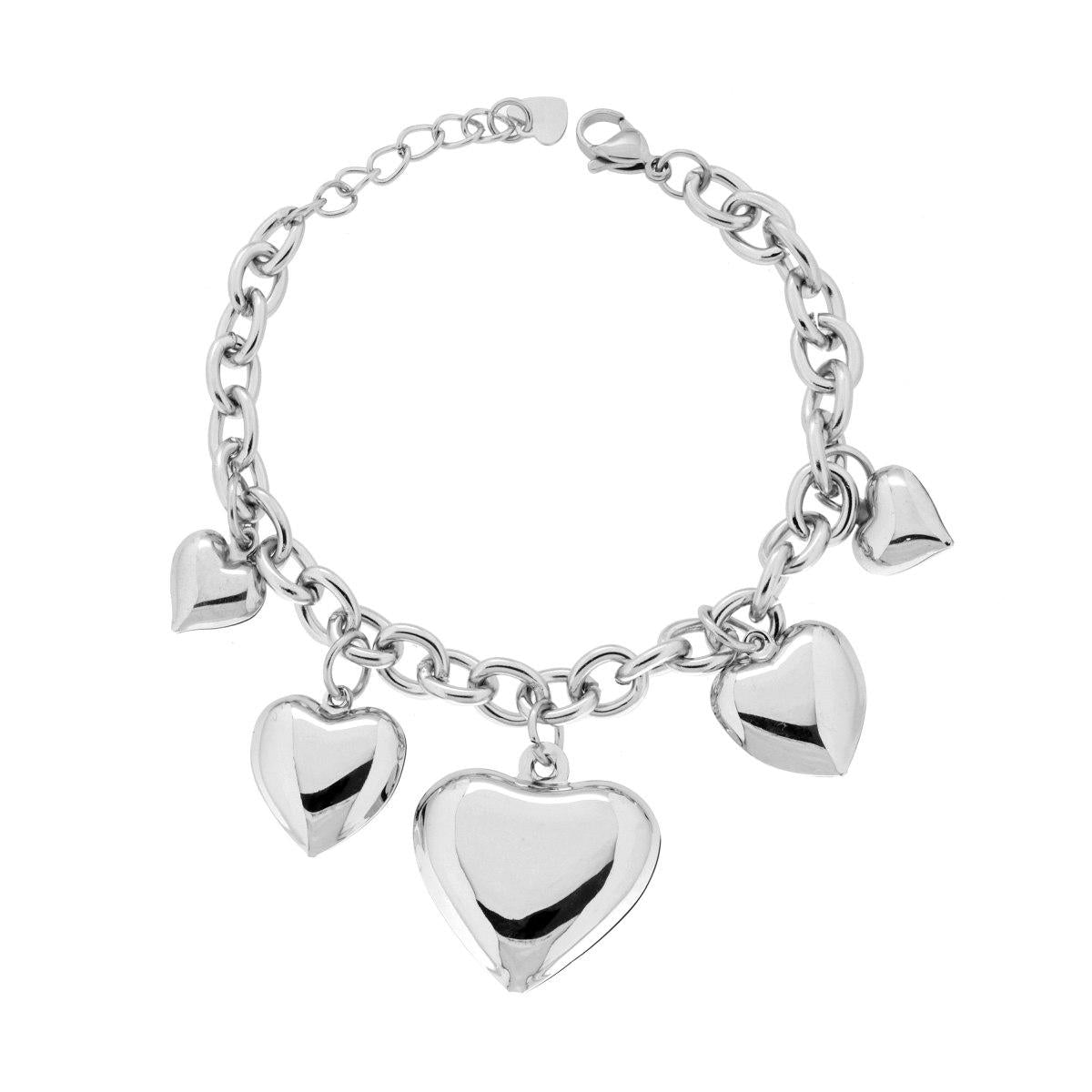 Bracciale Catena Forzatina con Cuori Bombati pendenti in ACCIAIO