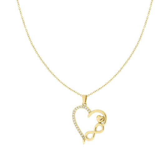 Collana Catena Forzatina Diamantata con Cuore e Infinito con Crystal Bianchi in ACCIAIO colore Oro