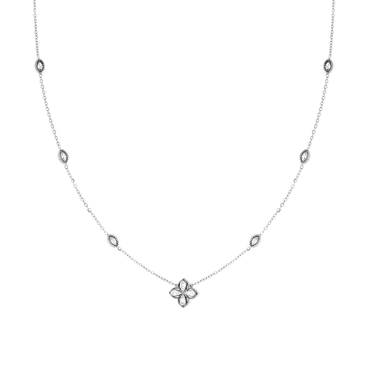 Collana Catena Forzatina Diamantata con Quadrifoglio e Marquise con Crystal Bianchi in ACCIAIO