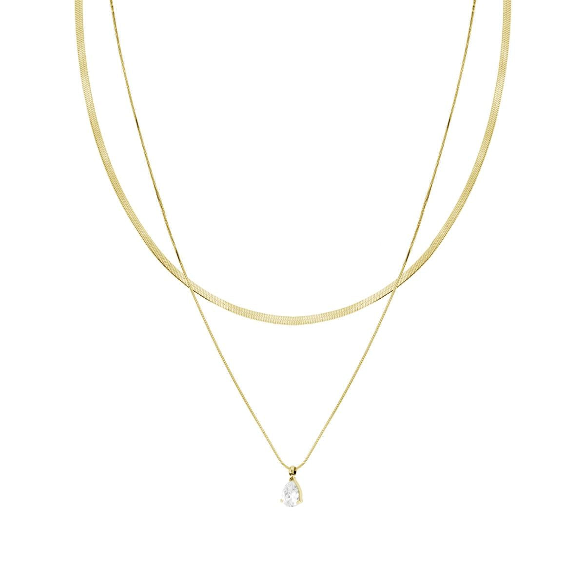 Collana due fili Catena Coda di Topo e Magik e punto Luce Goccia Crystal Bianco Pendente in ACCIAIO colore Oro