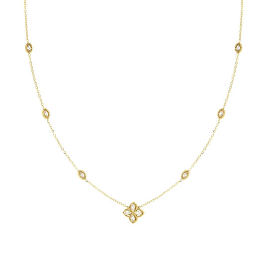 Collana Catena Forzatina Diamantata con Quadrifoglio e Marquise con Crystal Bianchi in ACCIAIO color Oro