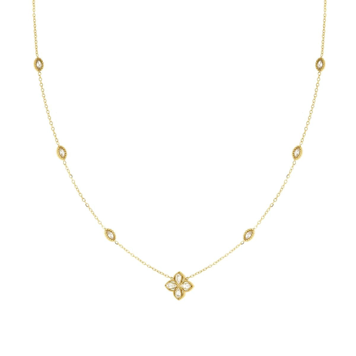 Collana Catena Forzatina Diamantata con Quadrifoglio e Marquise con Crystal Bianchi in ACCIAIO color Oro