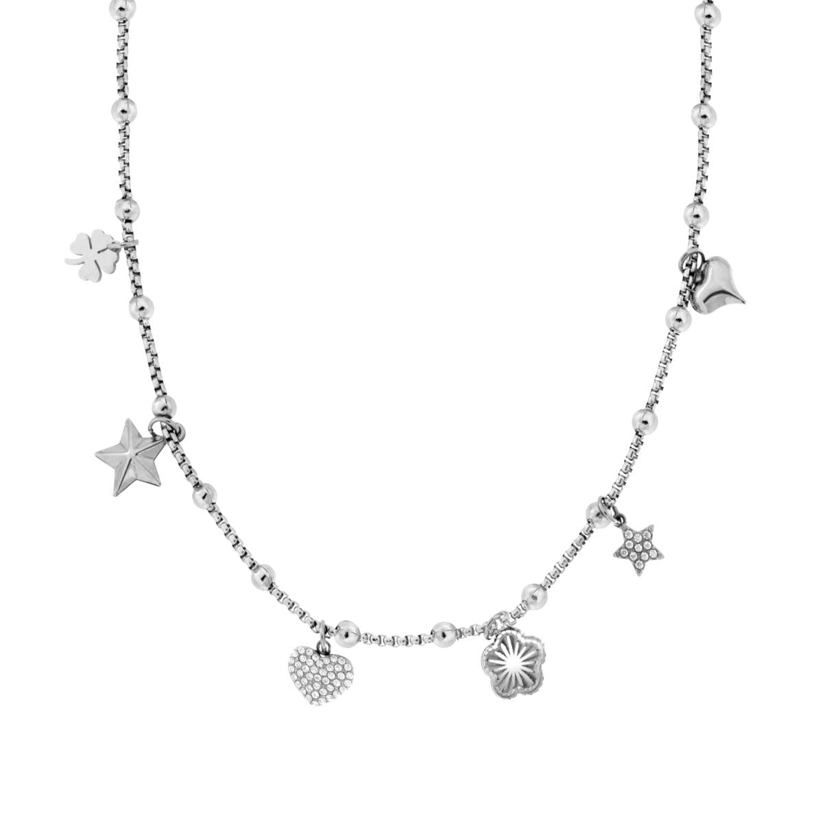 Collana Catena Veneziana Tonda con Charms Cuore e Crystal Bianchi in ACCIAIO