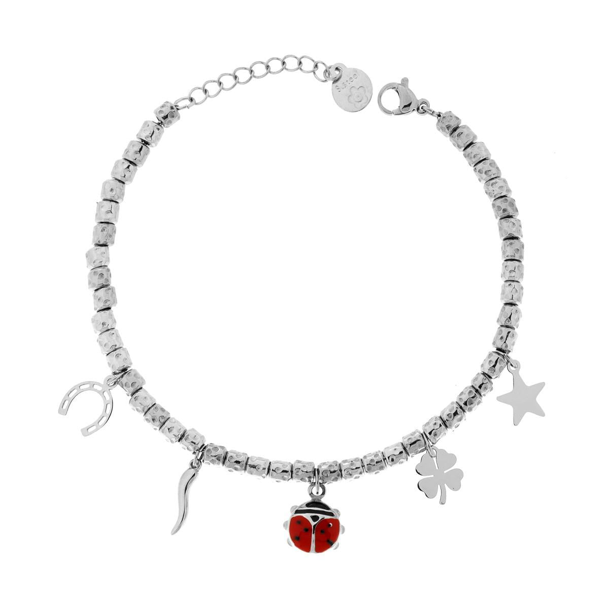 Bracciale Catena Cilindretti Martellati con Coccinella smalto Rosso e Charms Portafortuna in ACCIAIO