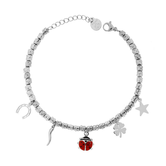 Bracciale Catena Cilindretti Martellati con Coccinella smalto Rosso e Charms Portafortuna in ACCIAIO
