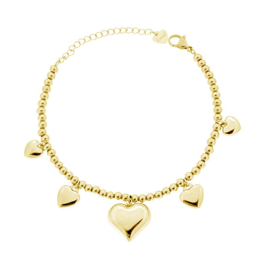Bracciale Catena con Palline e Cuori Bombati pendenti in ACCIAIO colore Oro