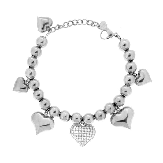 Bracciale Catena Palline con Cuori bombati e Crystal Bianchi in ACCIAIO