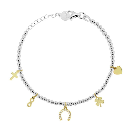 Bracciale Catena Palline con Ferro di Cavallo Charms colore Oro Portafortuna e Crystal Bianchi pendenti in ACCIAIO