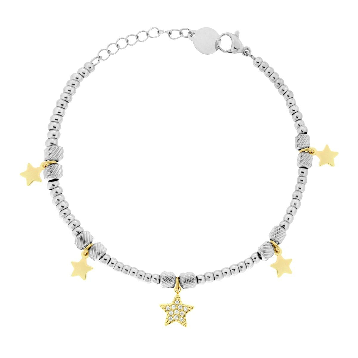 Bracciale Catena Palline con Stelle colore Oro plain e con Crystal Bianchi pendenti in ACCIAIO