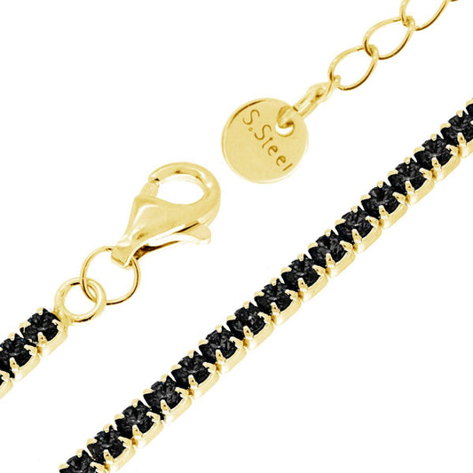 Bracciale Tennis Griffe cm 17+5 con Crystal mm 2 Nero in Acciaio colore Oro