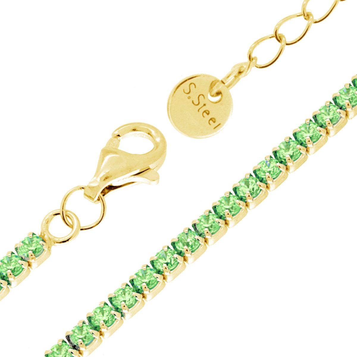Bracciale Tennis Griffe cm 17+5 con Crystal mm 2 Verde Peridoto in Acciaio colore Oro