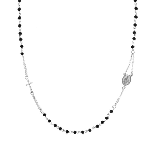 Collana Rosario modello Girocollo cm 50+5 con Grani Crystal Nero mm 3.8 in ACCIAIO