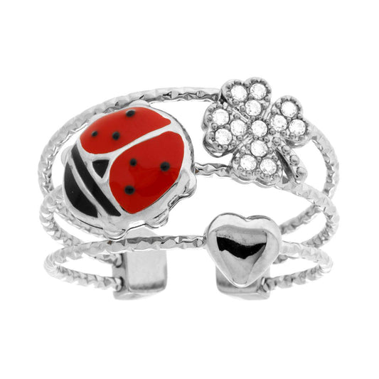 Anello Fascia filo Diamantato con Coccinella Smalto Rosso Cuore e Quadrifoglio con Crystal Bianchi in ACCIAIO