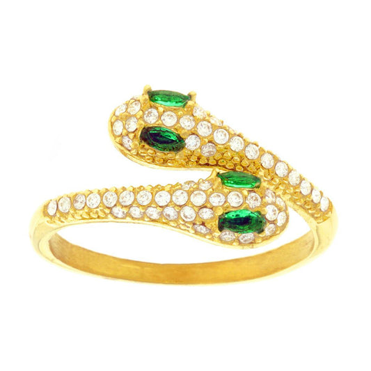 Anello Contrarie Serpenti con Crystal Bianchi e Verde Smeraldo in ACCIAIO colore Oro