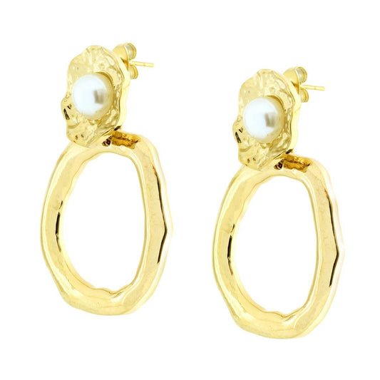 Orecchini con Piastra Ovale Martellata con Perla e Cerchi pendenti in ACCIAIO colore Oro