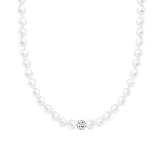 Collana filo Perle mm 8 con Sfera Centrale Crystal Bianchi in ACCIAIO