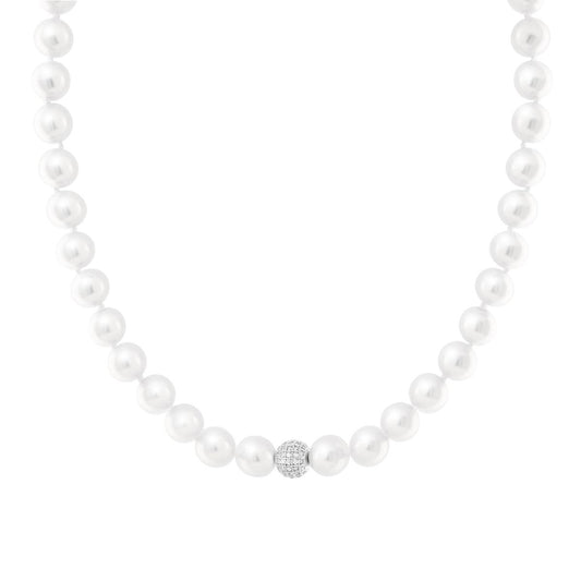 Collana filo Perle mm 10 con Sfera Centrale Crystal Bianchi in ACCIAIO