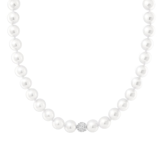 Collana filo Perle mm 12 con Sfera Centrale Crystal Bianchi in ACCIAIO