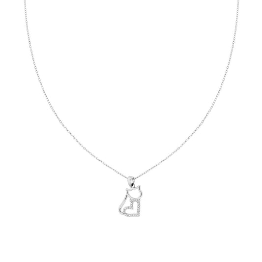 Collana Catena Forzatina Diamantata con Gatto Cuore e Crystal Bianchi in ACCIAIO