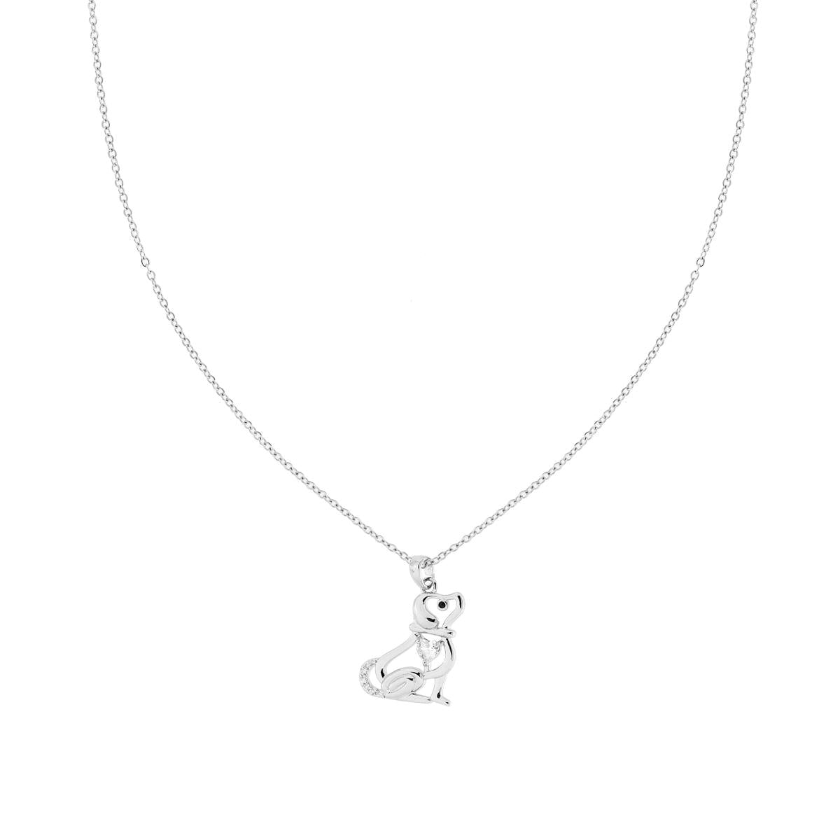 Collana Catena Forzatina Diamantata con Cane con Punto Luce Cuore e Crystal Bianchi in ACCIAIO