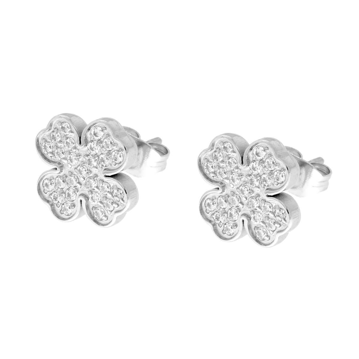 Orecchini Quadrifoglio con Crystal Bianchi in ACCIAIO