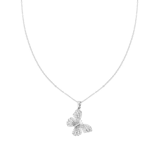 Collana Catena Forzatina Diamantata con Farfalla e Crystal Bianchi in ACCIAIO