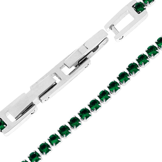 Bracciale Tennis Griffe cm 16-18 con Crystal mm 3 Verde Scuro regolabile in Acciaio