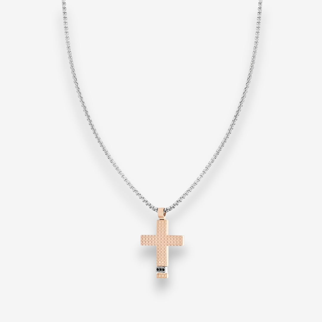 Collana Uomo con pendente a Croce in Acciaio Inox e Zirconi Neri
