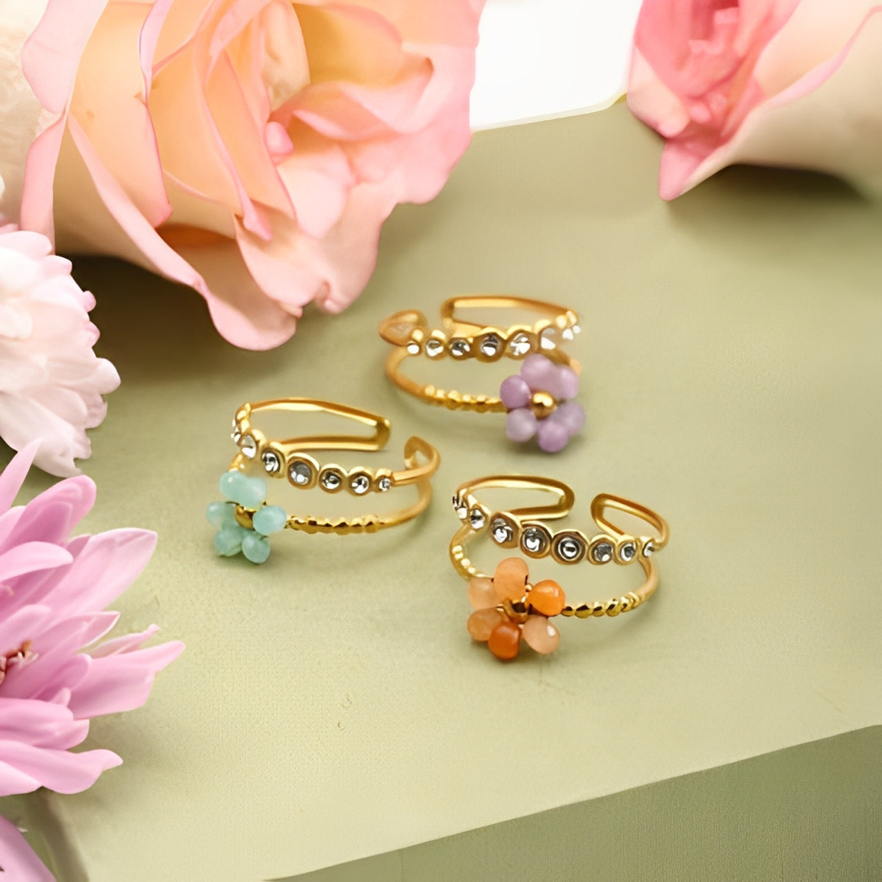 Anello Donna in Acciaio Inossidabile con Fiori e Zirconi