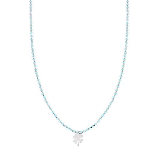 Collana Lunga con Crystal Azzurro e Quadrifoglio plain pendente in ARGENTO 925 Galvanica Rodio