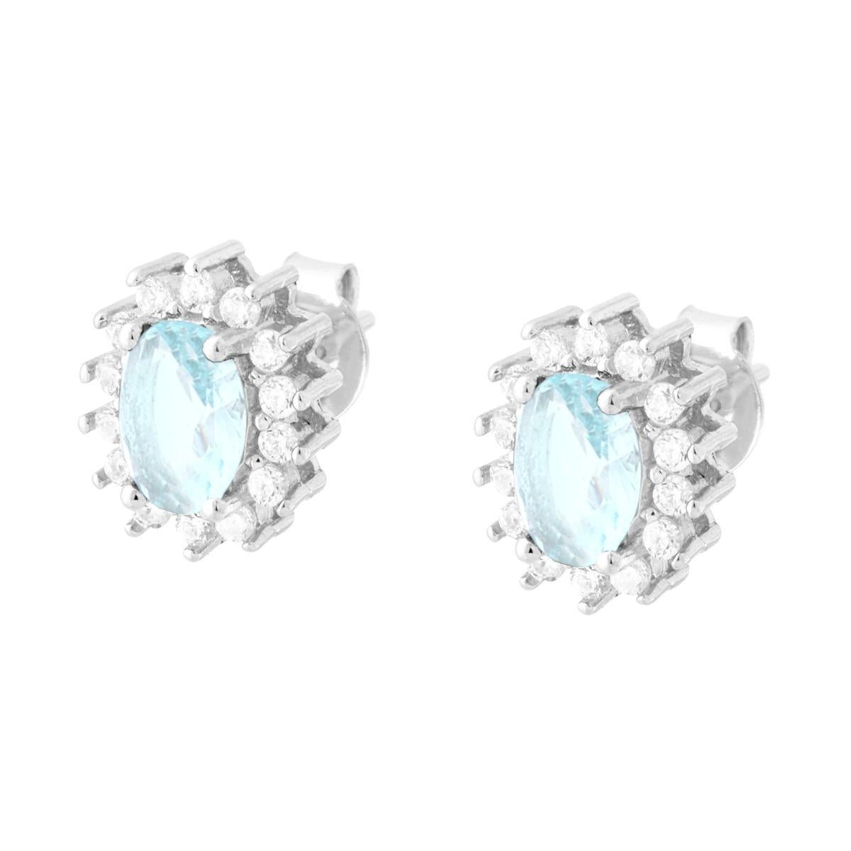 Orecchini con Zircone Ovale Acquamarina contornato con Zirconi Bianchi in ARGENTO 925 Galvanica Rodio