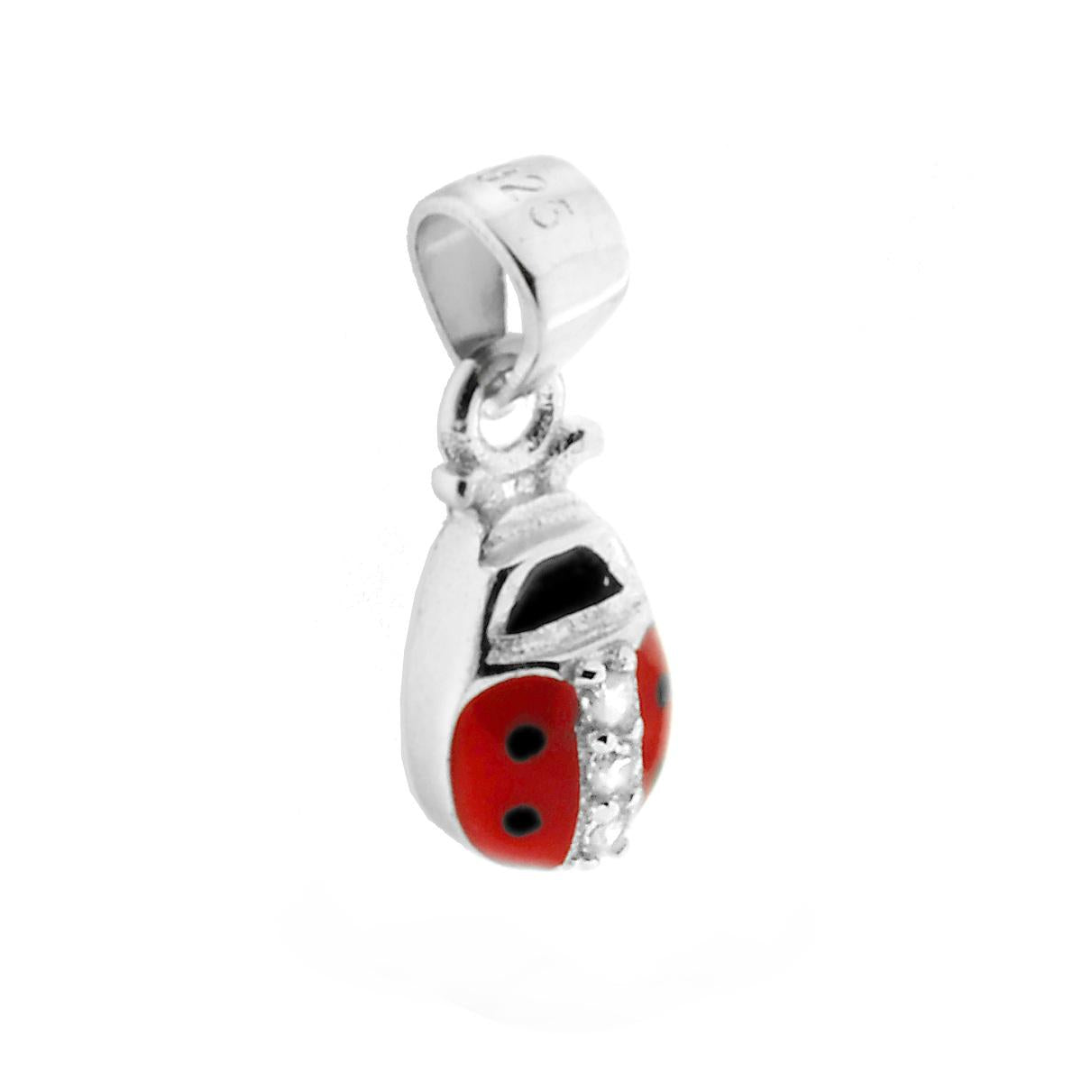 Ciondolo a forma di Coccinella smaltaltata colore Rosso e Puntini smaltati colore Nero con applicazione Zirconi Bianchi.