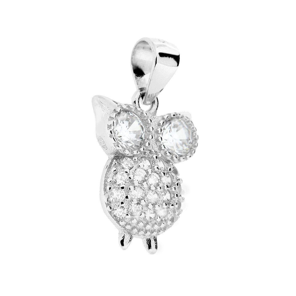 Ciondolo a forma di gufo con zirconi bianchi incastonati.