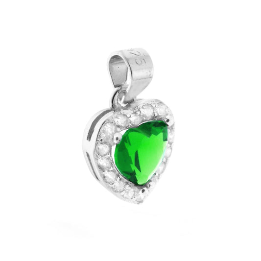 Ciondolo a forma di Cuore con Zircone Verde Smeraldo contornato da Zirconi Bianchi.