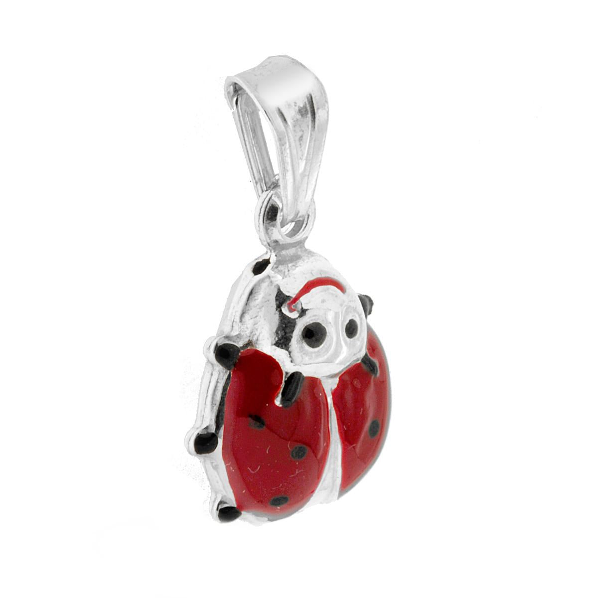 Ciondolo bombato, effetto tridimensionale, per Bimbo e Bimba, a forma di Coccinella con applicazione smalto colore Rossa e Nera.<BR>Made in Italy