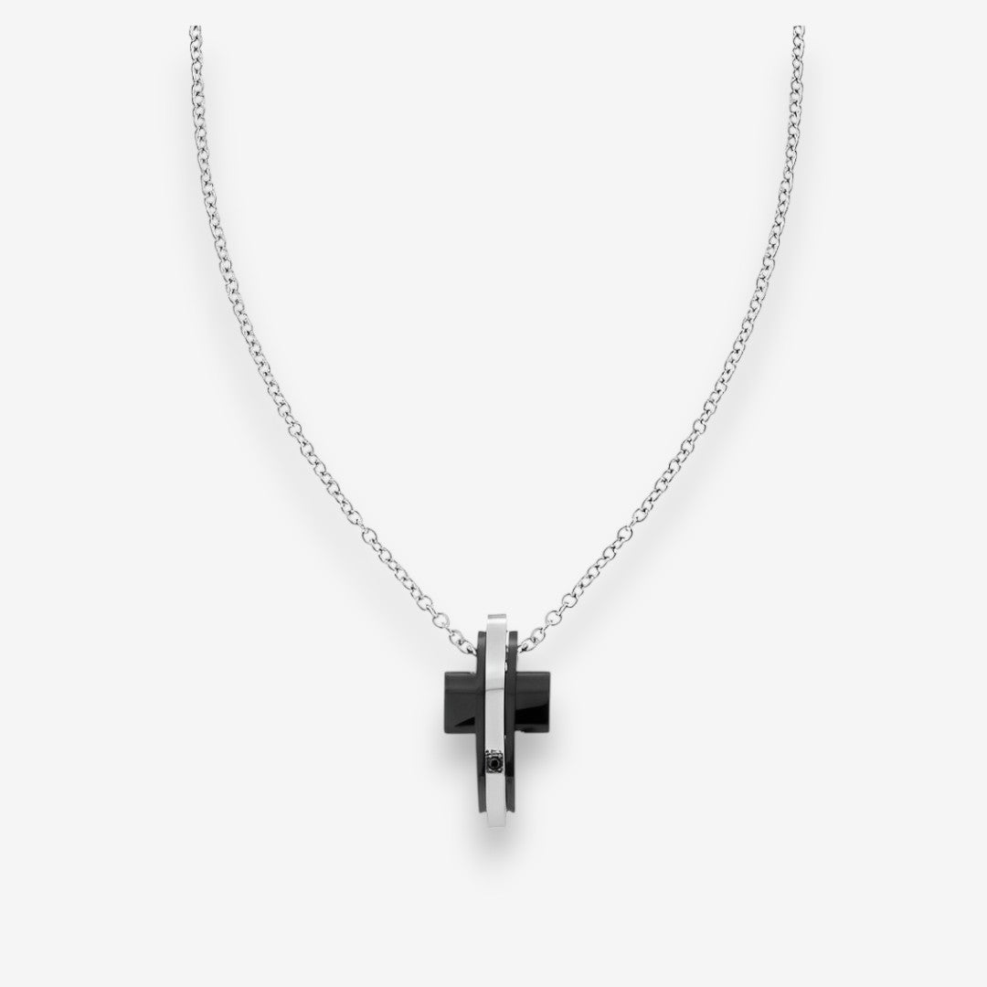 Collana Uomo con pendente a Croce in Acciaio Inox con Zircone Nero