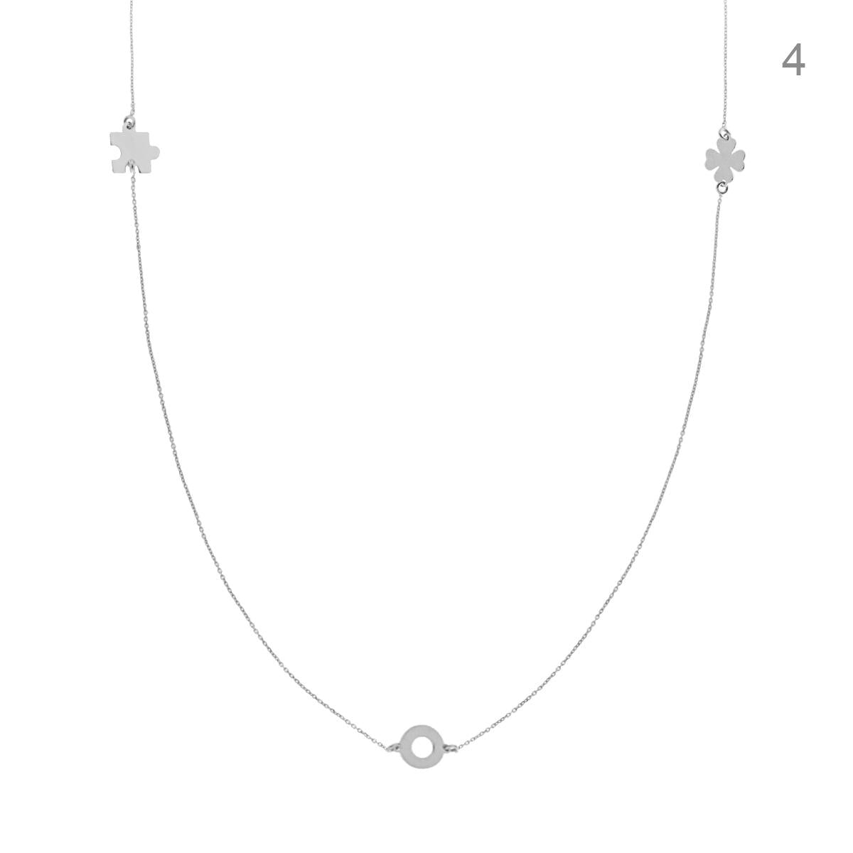 Collana Lunga Catena Forzatina Diamantata con Puzzle Quadrifoglio Cerchio in ARGENTO 925 Galvanica Rodio