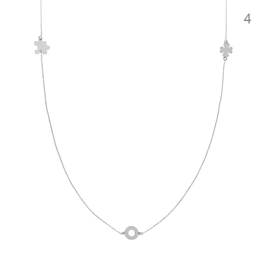 Collana Lunga Catena Forzatina Diamantata con Puzzle Quadrifoglio Cerchio in ARGENTO 925 Galvanica Rodio