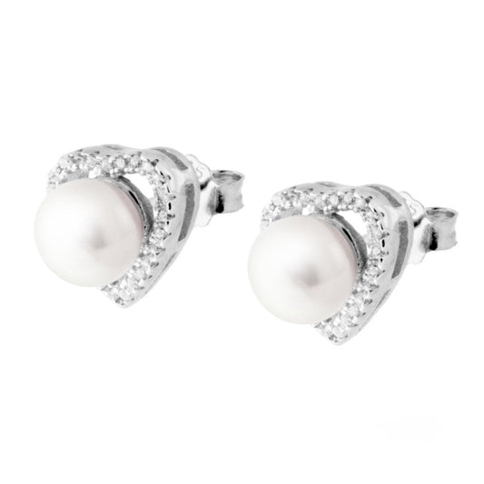 Orecchini Cuore con Perla di fiume e Zirconi Bianchi in ARGENTO 925 Galvanica Rodio