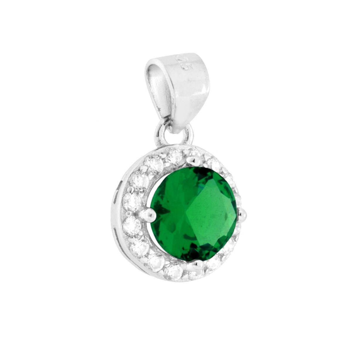 Ciondolo di forma Tonda con Cubic Zirconia Verde Smeraldo e cubic zirconia bianchi incastonati intorno.