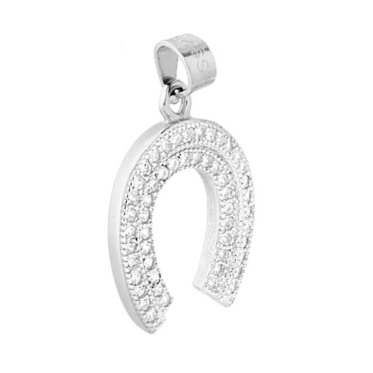 Ciondolo portafortuna a forma di Ferro di Cavallo con zirconi bianchi incastonati.